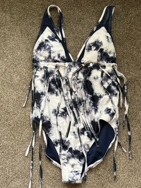 YMI Swimsuit in Navy and White Tie-Dye with Fringe Festival style.